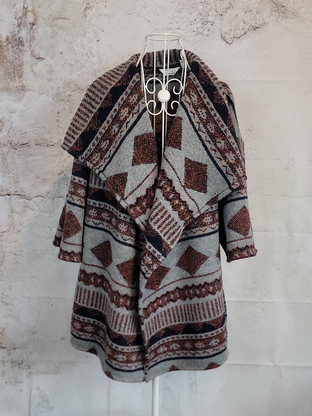 Caffe Marrakesh Open-Front Geometric Knit Sweater - Gray & Brown Womens Size M